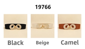 Detailed view of elastic waist belts in black, beige, and camel with gold double ring buckles