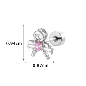 Silver bow cartilage stud earring with pink heart zircon and size dimensions