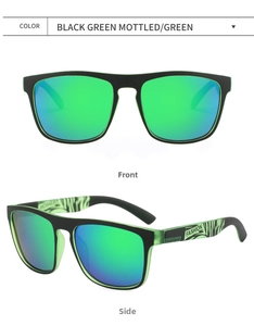 Front and side view of polarized black green mottled sunglasses with green mirror lenses