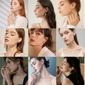Collage of S925 silver pearl jewelry including earrings, necklaces and rings in champagne gold