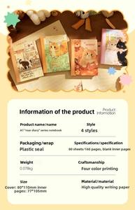 Product specification details for the cute cat-themed A7 illustration mini notebooks.