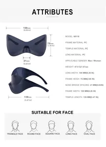 Detailed technical dimensions and specifications of the Y2K rimless sports cycling glasses