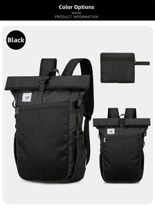 Detail of waterproof black travel backpack with roll-top closure and accessory pouch