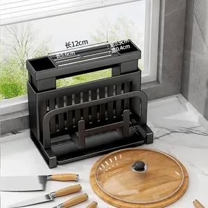 Multi-functional black kitchen knife holder and utensil organizer with a drainage tray