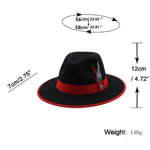 Black wool fedora with red ribbon and feather detail, showing product size measurements