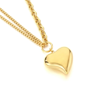 Golden double layer necklace with hollow heart pendant and mixed link chain