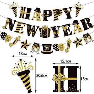 Black and gold Happy New Year glitter banner set with dimensions and party element details