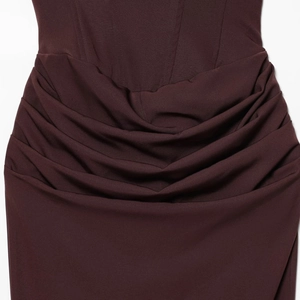 Elegant dark brown fishtail evening dress featuring ruched details and mermaid silhouette
