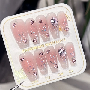 Press On Nails Pink Ombre Gradient Long Coffin Fake Nails With Rhinestones And Glitter French Style Cat Eye For Women