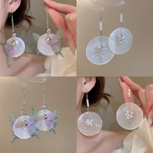 Orecchini Pendenti Farfalla Di Conchiglia Nappe In Chiffon Goccia Perla Artificial Stile Fata Vacanza Per Donne Con Perno In Argento