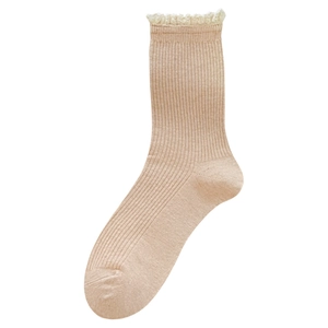 Pink knit crew socks with cream lace trim and vertical ribbed texture on white backdrop