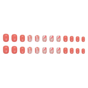 24pcs coral pink and marble design press-on nails with gold glitter accents