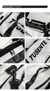 Detail view of Oxford fabric travel bag showing durable zippers and brand logo