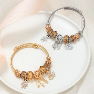 Stainless Steel Wire Charm Bracelet With Alloy Bear Swan Dreamcatcher Pendants Rhinestone Crystal Beads For Women