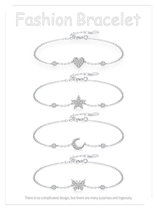 Detail view of S925 sterling silver bracelets featuring heart, star, moon, and butterfly charms