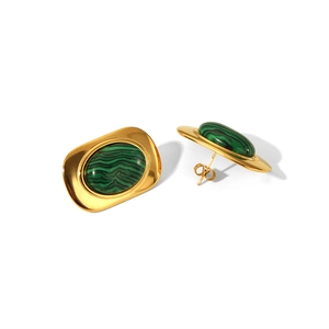 Detail of gold rectangular earrings with green malachite stone inlays on white background