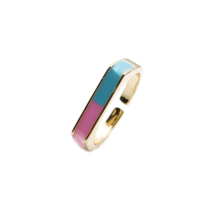 Adjustable gold plated ring with blue and pink enamel finish in minimalist open design