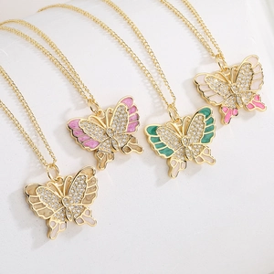 Elegant Butterfly Pendant Necklace Copper Gold Plated With Colorful Enamel And Cubic Zirconia For Women Small Niche Style