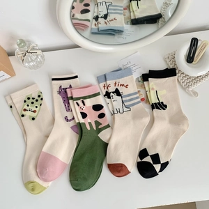 Five pairs of cute cartoon cat and rabbit knit mid-calf socks in soft pastel colors