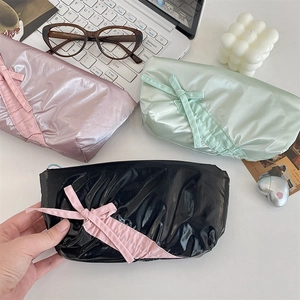 Cute satin bow pencil case in pink green and black colors with glossy finish