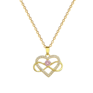 Titanium steel necklace with heart and infinity pendant, gold plated and pink gemstone
