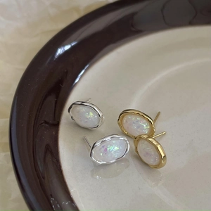 925 Sterling Silver Opal Stud Earrings Set in Gold and Silver Oval Settings