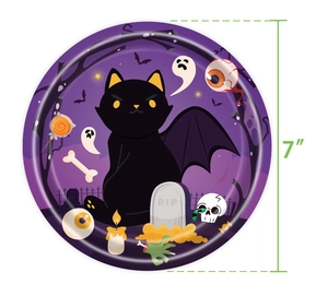 Detailed top view of a 7-inch Halloween party paper plate with cartoon RIP tombstone design