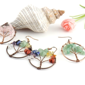 Handmade Tree of Life wire wrapped earrings with colorful natural crystal stone chips