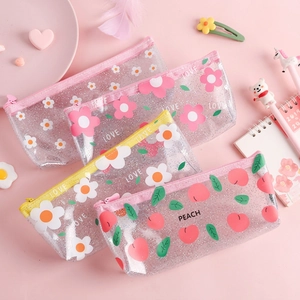 Transparent floral PVC pencil cases with daisy and peach patterns in four cute styles