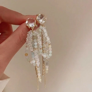 Long Tassel Dangle Earrings Bowknot Crystal Beads 925 Sterling Silver Earring Post Elegant Korean Style Jewelry For Women