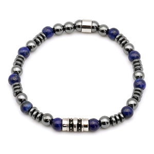 Bracelet pour hommes en lapis-lazuli et hématite avec accents en métal argenté poli