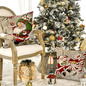 Close-up of Christmas pillow covers with gingerbread man and festive holiday prints