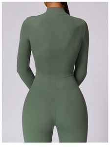 Back view of high-elasticity dark green long sleeve yoga bodysuit showing sleek body lines