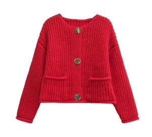 Close-up of red chunky knit cardigan featuring three buttons and front dual pocket details