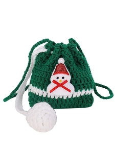 Christmas handmade crochet drawstring bag with snowman motif and red ribbon accents