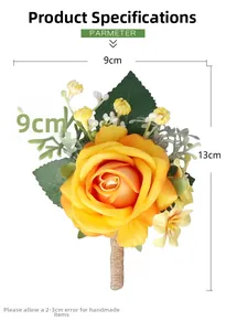 Vue détaillée d'une boutonnière rose jaune artificielle avec feuilles et tige en chanvre
