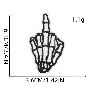Detailed size view of skeleton middle finger embroidered patch with dimension markings