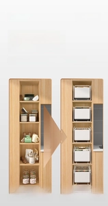 Kitchen under-sink organizer showing before and after comparison of tidy pull-out drawer
