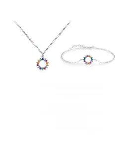 Detailed set of S925 silver necklace and bracelet with colorful zircon ring pendants
