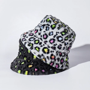Bucket Hat Colorful Leopard Print Faux Fur Warm Plush Winter Outdoor Travel Fashion Windproof Adjustable Lining