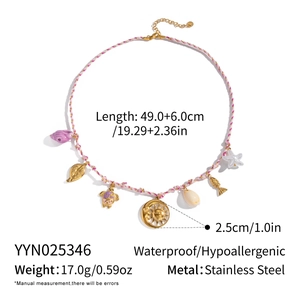 Detail showing bohemian woven necklace dimensions and charms like sea turtle and shell
