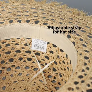 Detail of internal adjustable sweatband on 100% raffia straw hat for a custom fit