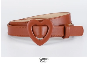 Close-up of a camel PU leather children belt featuring a gold heart-shaped buckle