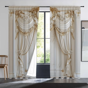 Detail of luxury cream curtain with golden floral patterns and elegant valance tassels