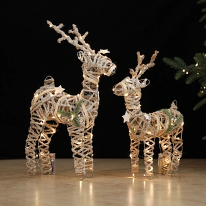 Lighted champagne reindeer Christmas ornaments with warm LED lights and rustic twine texture