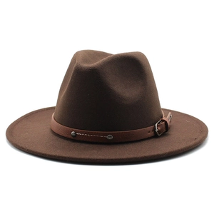 Detail of dark brown wool fedora hat featuring a faux leather band with metallic studs