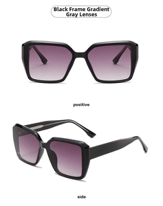 Detail view of square black sunglasses with gradient lenses in positive and side angles