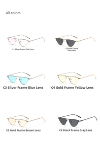 Detailed grid showing six color options for metal cat eye sunglasses with tinted lenses