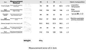 Detailed sizing chart and measurement guide for women fashion lapel padded jacket