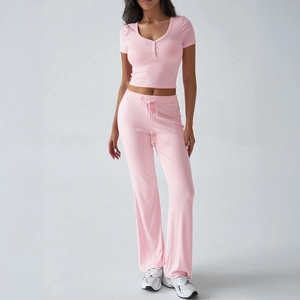 Set rosa Y2K due pezzi con crop top a collo U e pantaloni con coulisse per donna